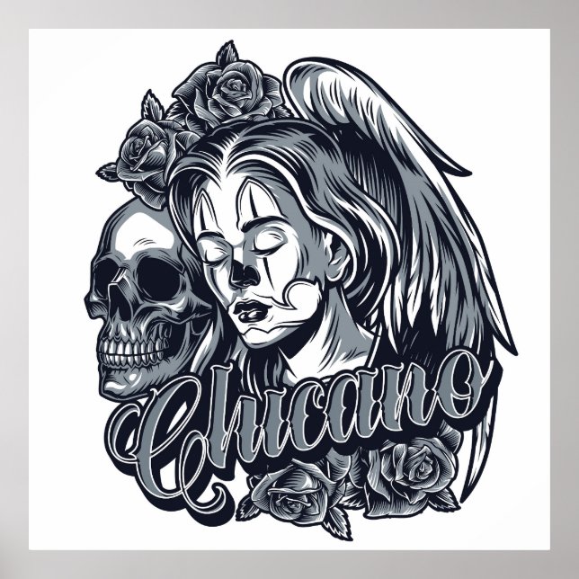 Chicano (Frau mit Flügeln, Rose und Schädel) Poster (Vorne)