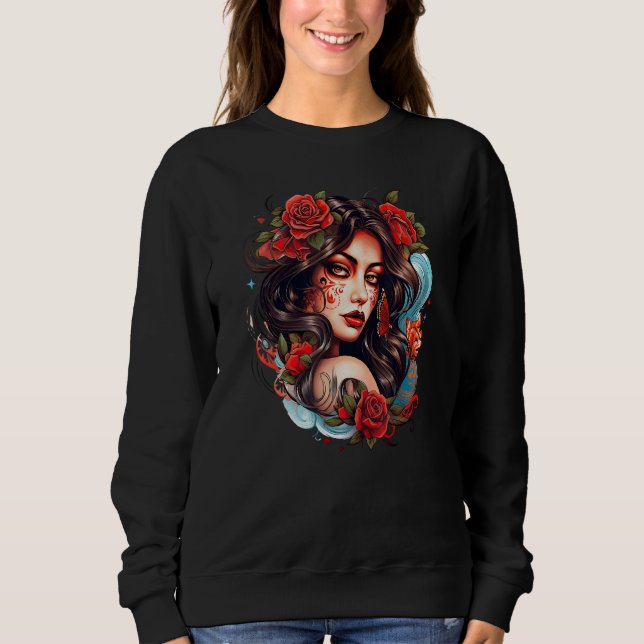 Chicano Girl Mexico Flowers Death Pretty 14 Sweatshirt (Vorderseite)