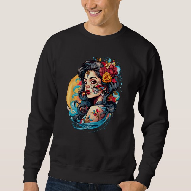 Chicano Girl Mexico Flowers Death Pretty 2 Sweatshirt (Vorderseite)