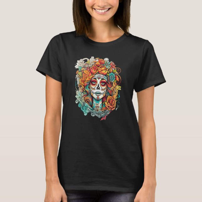Chicano Girl Mexico Flowers Death Pretty 2 T-Shirt (Vorderseite)