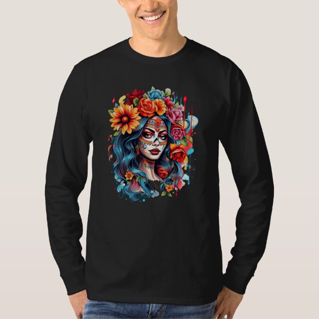 Chicano Girl Mexico Flowers Death Pretty 8 T-Shirt (Vorderseite)