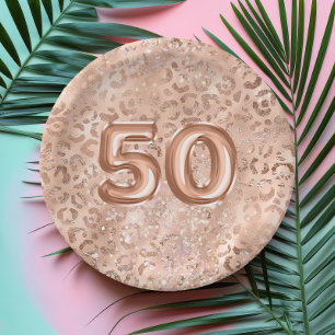 Chice Rose Gold Leopardenprint 50. Geburtstag Pappteller