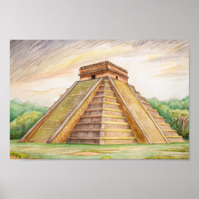 Chichen Itza Mayan Tempel in Mexiko Zeichnend Poster (Vorne)