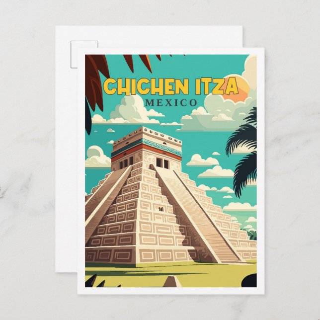 Chichen Itza Mexico Vintage Reise Illustration Postkarte (Vorne/Hinten)
