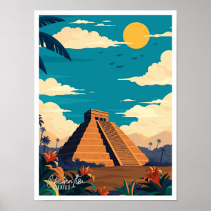 Chichen Itza Mexico Vintage Travel Illustration Poster
