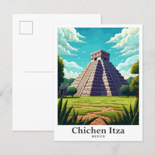 Chichen Itza Mexico Vintage Travel Illustration Postkarte