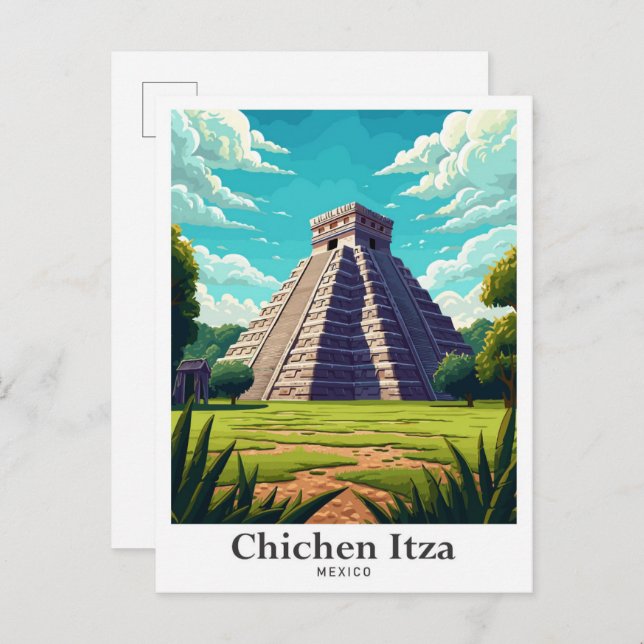 Chichen Itza Mexico Vintage Travel Illustration Postkarte (Vorne/Hinten)
