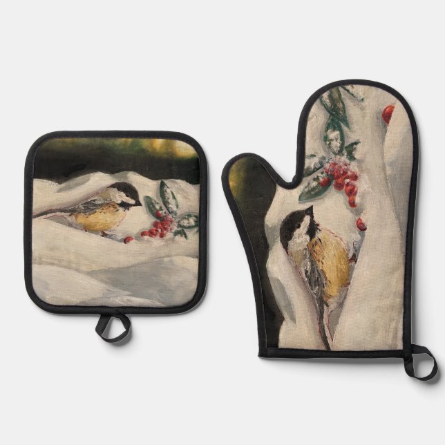Chick-a-Dee mit Mistelzweig Ofenhandschuh & Topflappen-Set (Vorderseite)