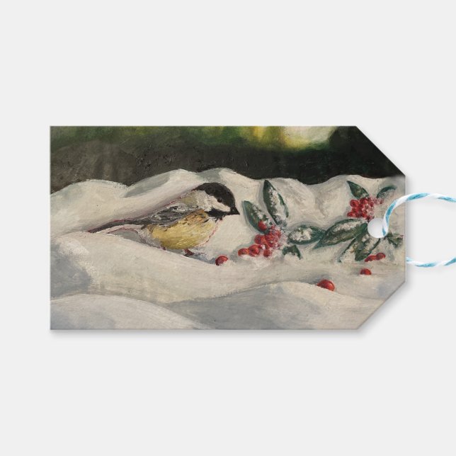 Chick-a-Dee with Mistletoe Folded Card (Blank) Geschenkanhänger (Vorderseite (Horizontal))