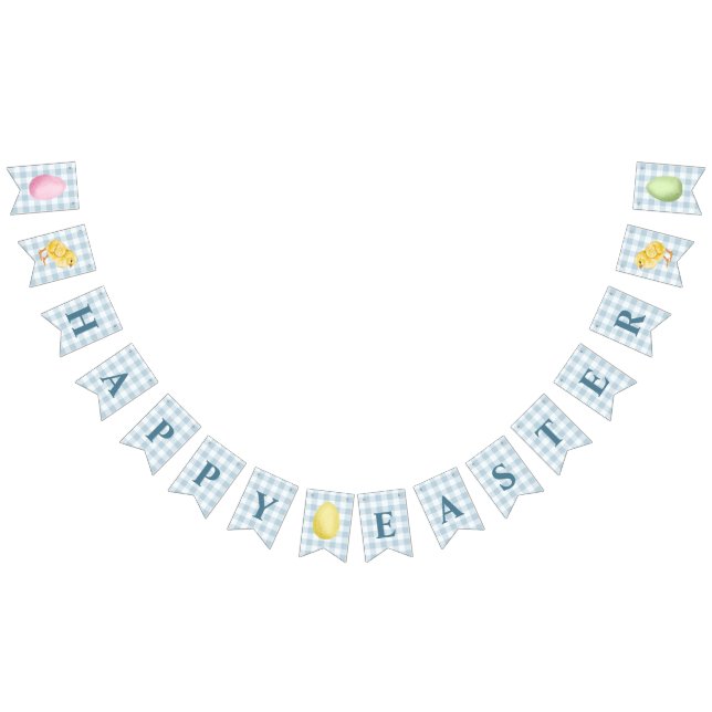 Chick And Pastel Eggs Happy Easter Blue Gingham Wimpelkette (Alle)