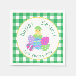 Chick Colored Eggs Green Check Happy Easter Round Serviette
