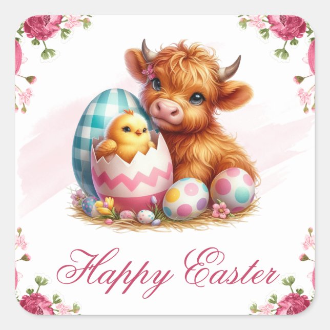 Chick, Cow & Easter Eggs Happy Easter Quadratischer Aufkleber (Vorderseite)
