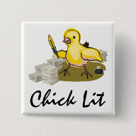 Chick Lit Writer with Paper and Feather Quill Button