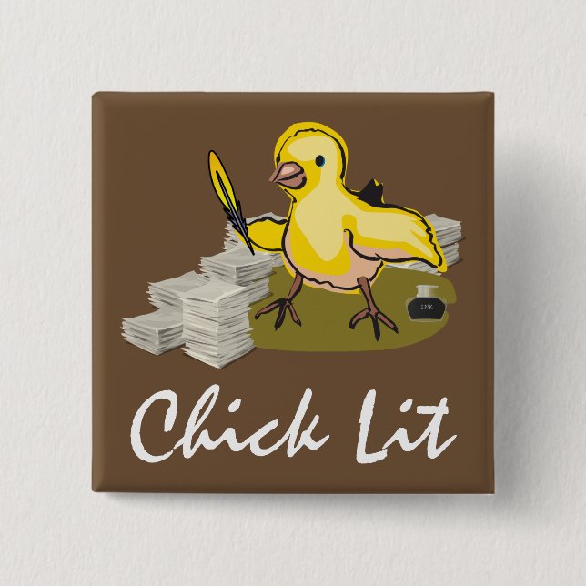 Chick Lit Writer with Paper and Feather Quill Button (Vorderseite)