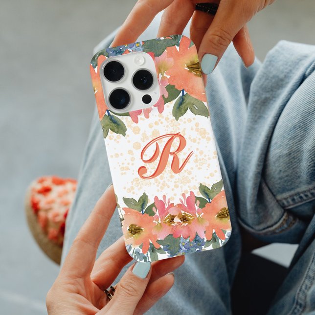 Chick Modern Peach Aquarell Floral Monogram R Case-Mate iPhone Hülle (Von Creator hochgeladen)