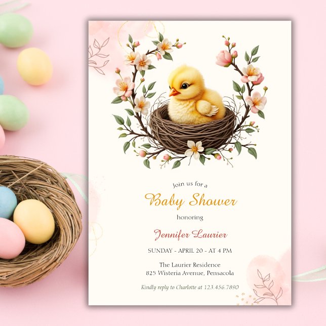 Chick Nest Pink Floral Wreath Oster Baby Dusche Einladung (Chick Nest Pink Floral Wreath Easter Baby Shower Invitation)