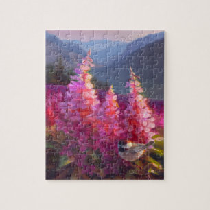 Chickadee auf alaskischen Wildblumen mit Bergen Puzzle