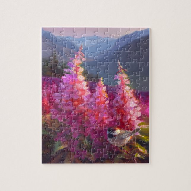 Chickadee auf alaskischen Wildblumen mit Bergen Puzzle (Vertikal)