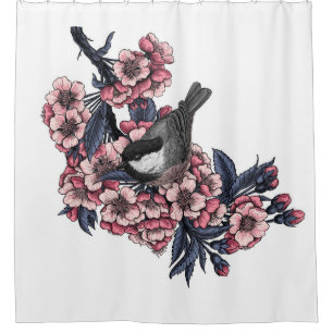 Chickadee auf einem blühenden Kirschzweig Duschvorhang