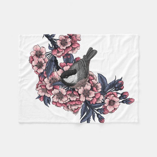 Chickadee auf einem blühenden Kirschzweig Fleecedecke (Vorderseite (Horizontal))