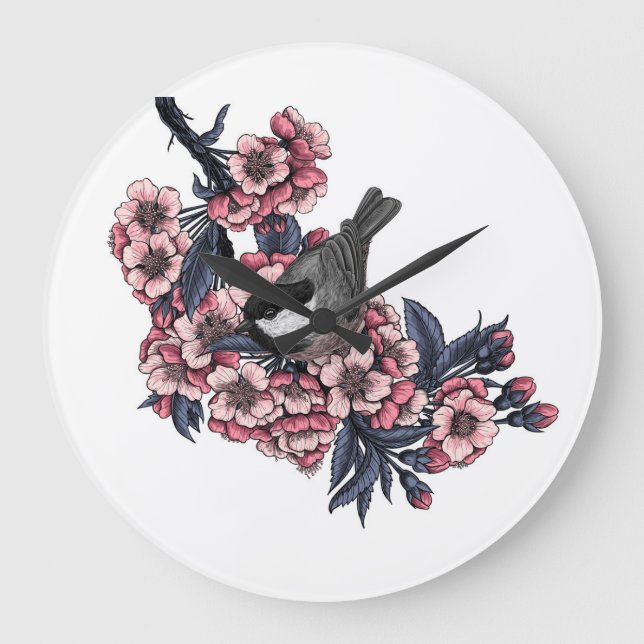 Chickadee auf einem blühenden Kirschzweig Große Wanduhr (Vorderseite)