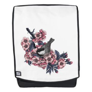 Chickadee auf einem blühenden Kirschzweig Rucksack