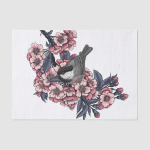 Chickadee auf einem blühenden Kirschzweig Seidenpapier