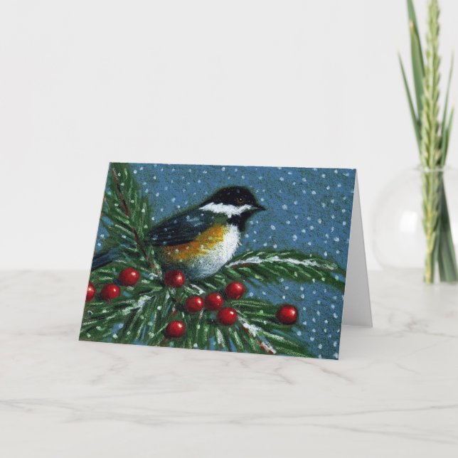 CHICKADEE AUF SCHNEEBEDECKTER FEIERTAGSKARTE (Vorderseite)