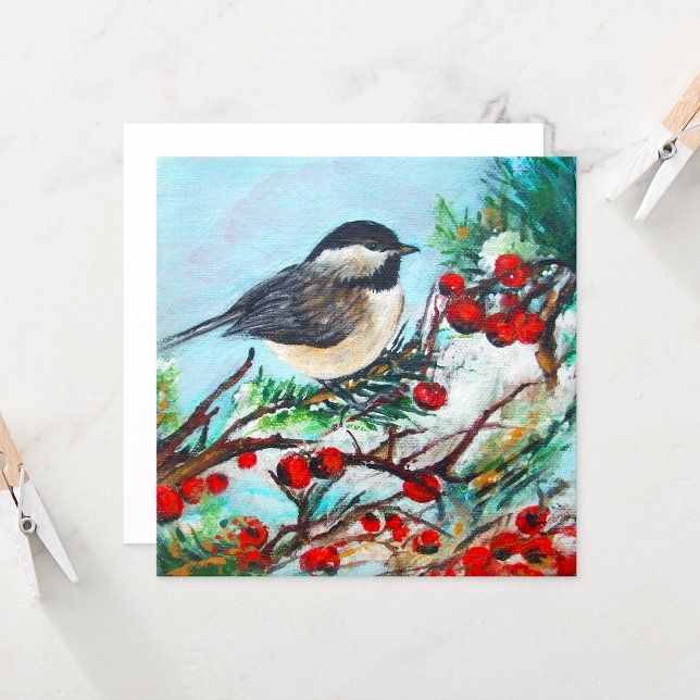 Chickadee Bird Berries Kunst-Card Karte (Chickadee Black Capped Art from Jenn's Emporium. )