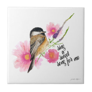 Chickadee Bird Blume Wasserfarbene Frühlingsquell Fliese