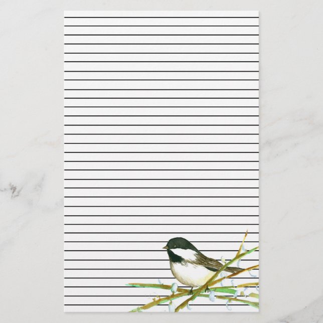 Chickadee Bird Catkins Willow Branches Linken Briefpapier (Vorderseite)