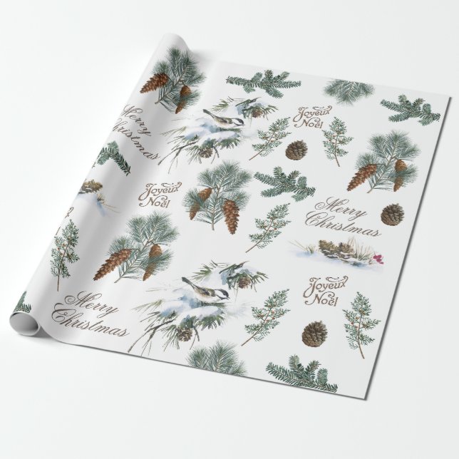 Chickadee Bird Evergreen Frohe Weihnachten Französ Geschenkpapier (Ungerollt)