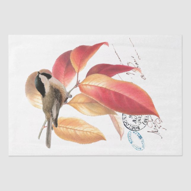 Chickadee Bird Französisch Skript Autumn Leaf Deco Seidenpapier (Vorderseite)