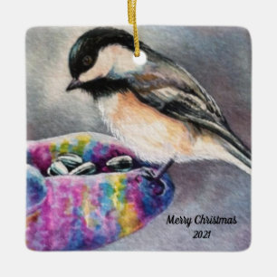 Chickadee Bird frisst von Hand Keramikornament