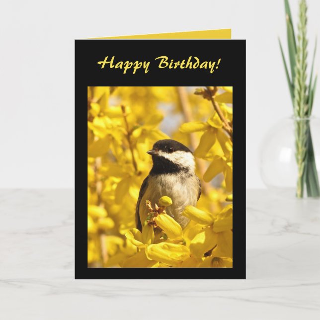 Chickadee Bird in Gelben Blumen Geburtstag Karte (Vorderseite)