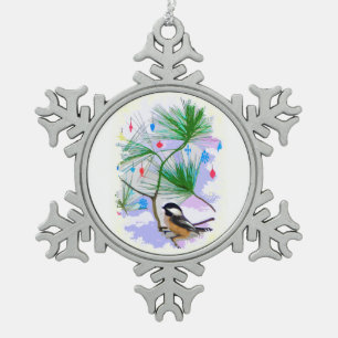 Chickadee Bird in Tree Pewter Snowflake Magnet Schneeflocken Zinn-Ornament