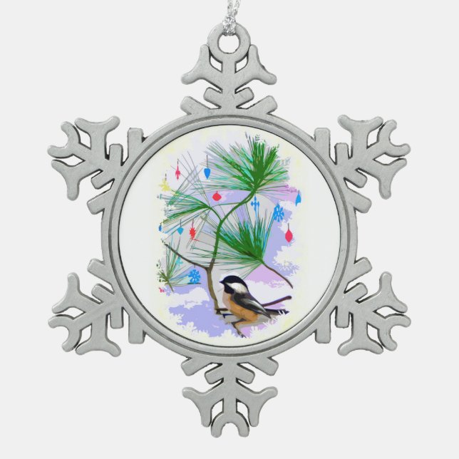 Chickadee Bird in Tree Pewter Snowflake Magnet Schneeflocken Zinn-Ornament (Vorderseite)