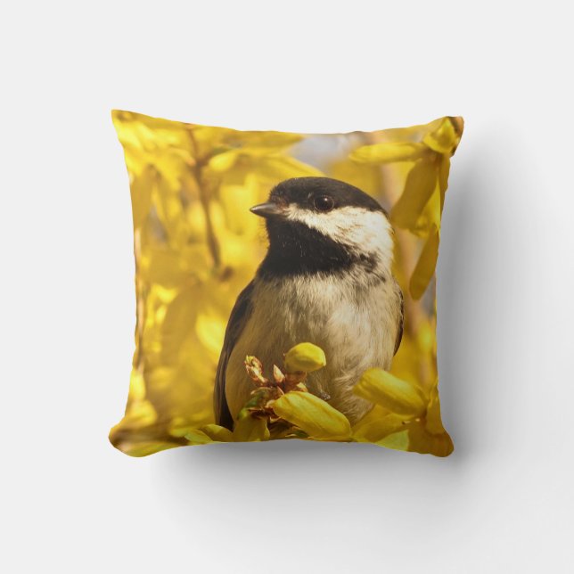 Chickadee Bird in Yellow Forsythia Blume Pillow Kissen (Vorderseite)