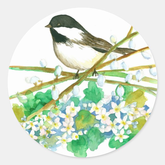 Chickadee Bird May Blume Catkins Willow Branches Runder Aufkleber (Vorderseite)