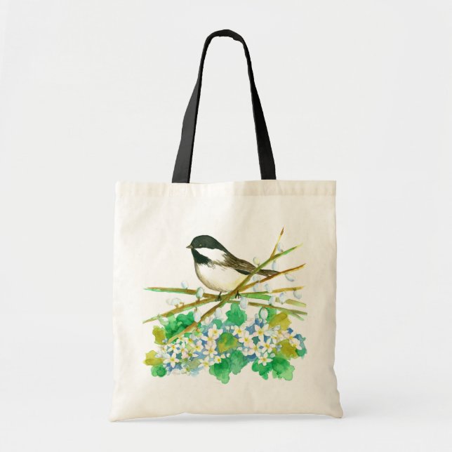 Chickadee Bird May Blume Catkins Willow Branches Tragetasche (Vorne)