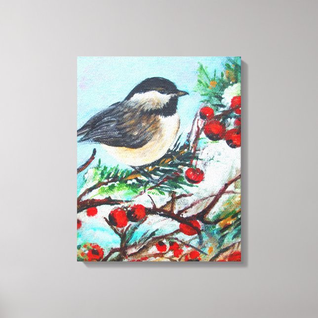 Chickadee Bird mit Berries am Zweig Leinwanddruck (Vorderseite)