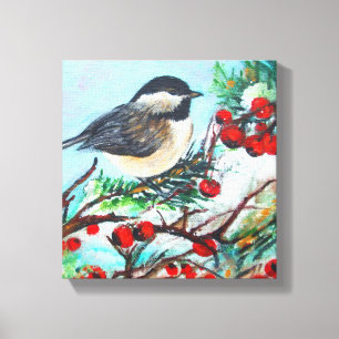 Chickadee Bird mit Berries am Zweig Leinwanddruck