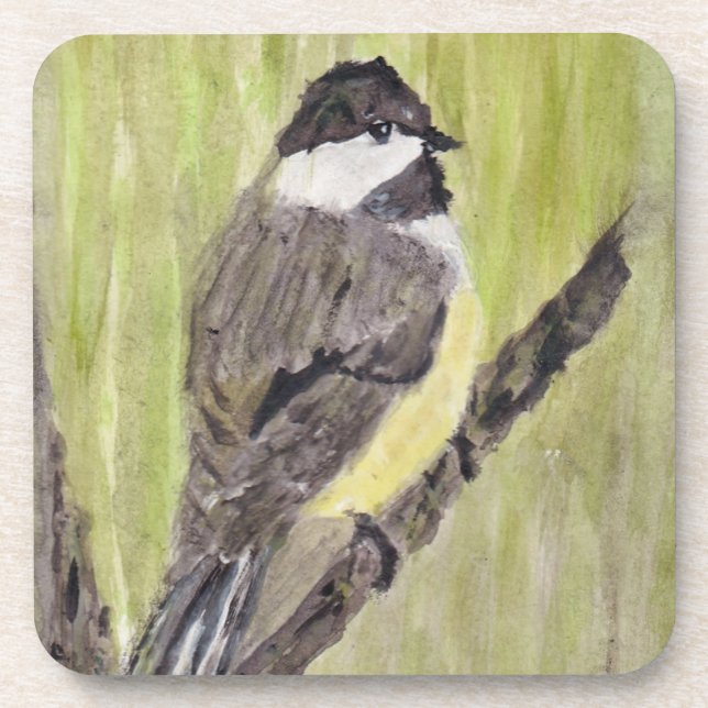 Chickadee Bird mit schwarzer Kappe - Acrylmalerei. Getränkeuntersetzer (Vorderseite)
