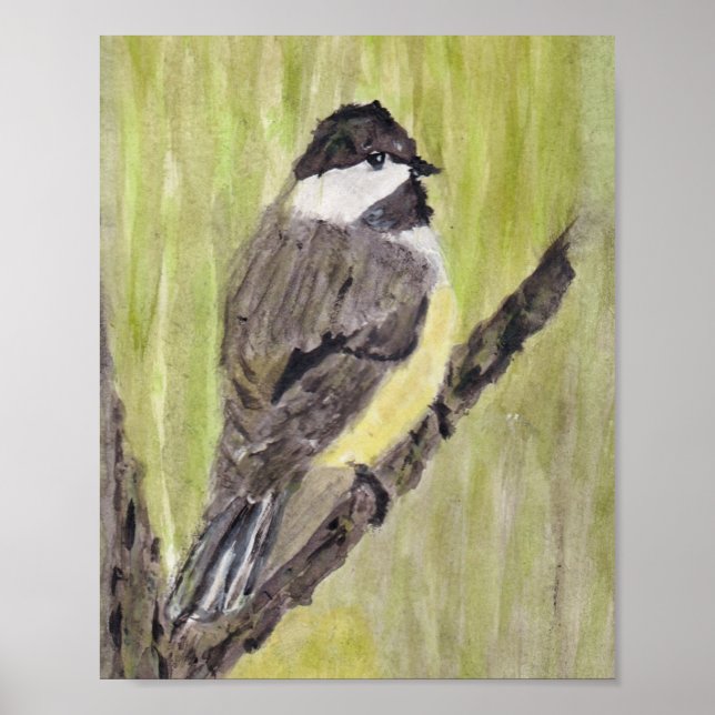 Chickadee Bird mit schwarzer Kappe - Acrylmalerei. Poster (Vorne)