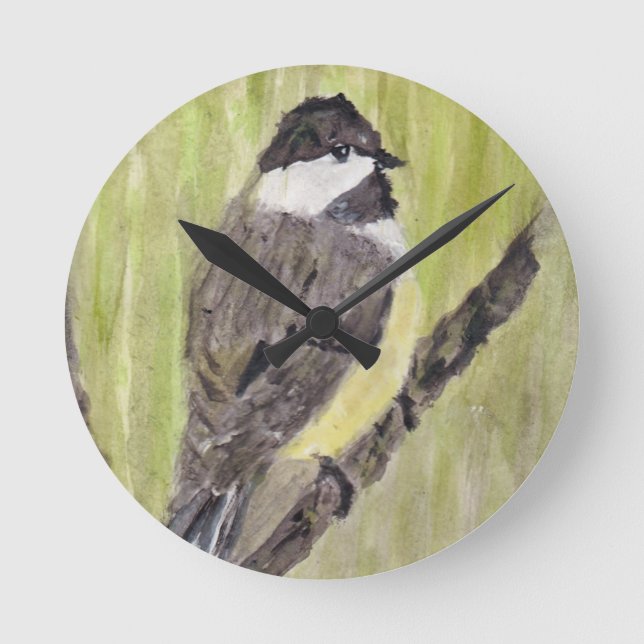Chickadee Bird mit schwarzer Kappe - Acrylmalerei. Runde Wanduhr (Vorderseite)