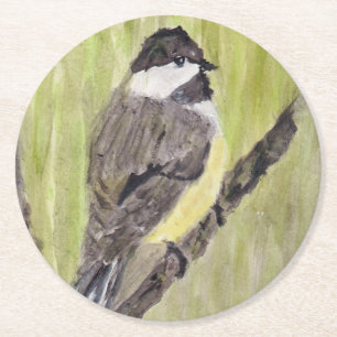 Chickadee Bird mit schwarzer Kappe - Acrylmalerei. Runder Pappuntersetzer