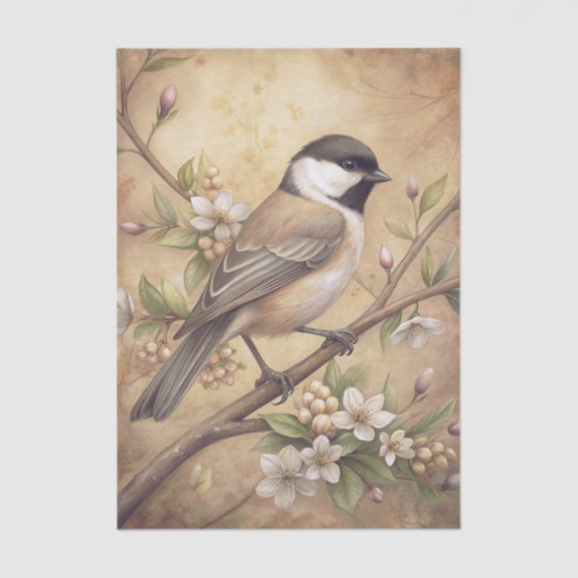 Chickadee Bird on a Branch with White Blossoms Seidenpapier (Vorderseite)