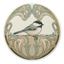 Chickadee Bird Sage Green & Gold Art Deco Nouveau Keramikknauf