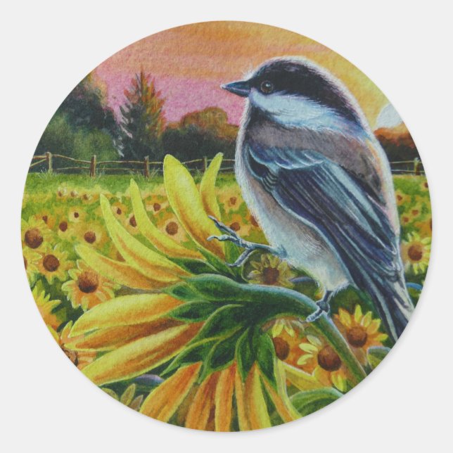 Chickadee Bird Sonnenblumen Farm Frische Pasta mac Runder Aufkleber (Vorderseite)