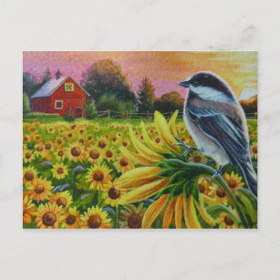 Chickadee Bird Sunflowers Roter Barcode Kunst, Dic Postkarte